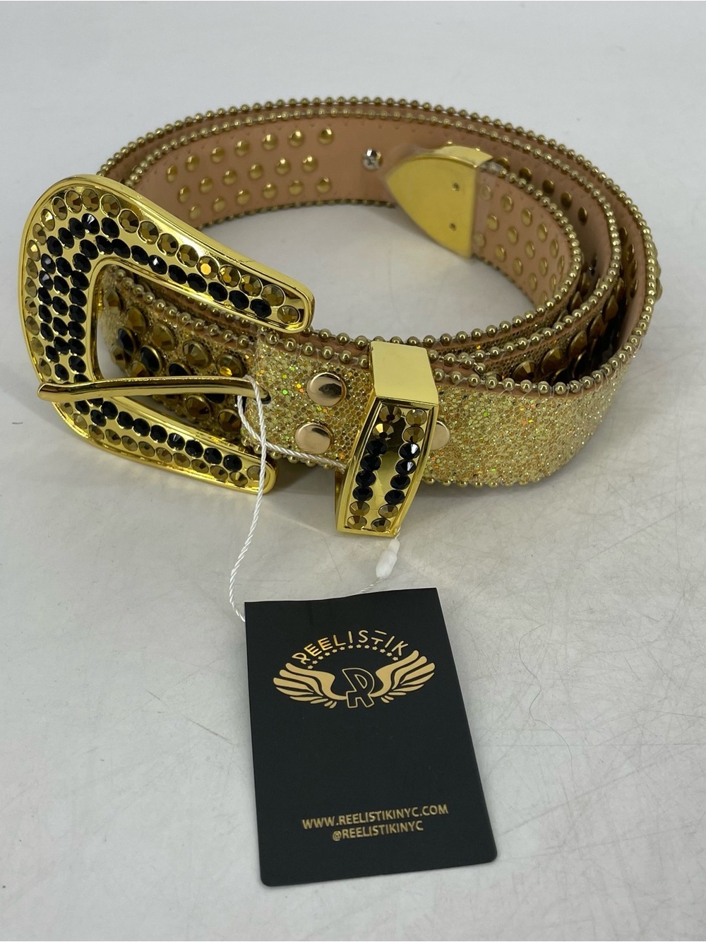 Reelistik NYC Jet Black/Gold Rhinestone Premium Belt bling shiny size 40